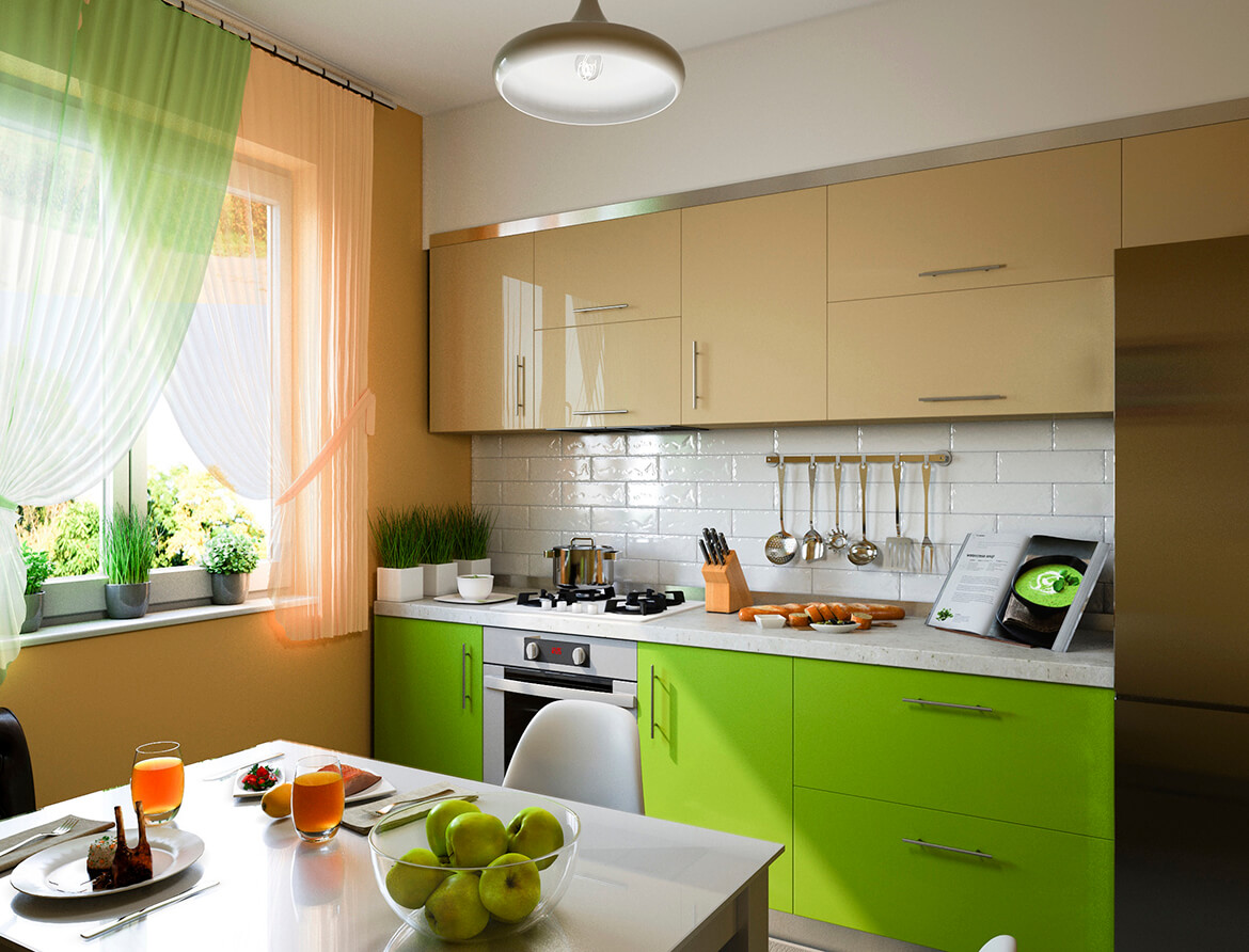 Kitchen with beige and green facades